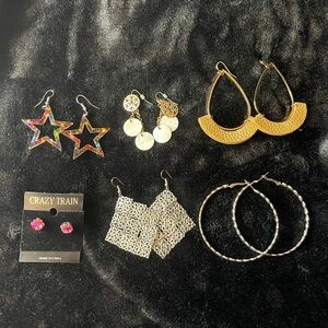 Set/lot of 6 pairs of earrings- gold, silver, white, pink, hoop, teardrop, star